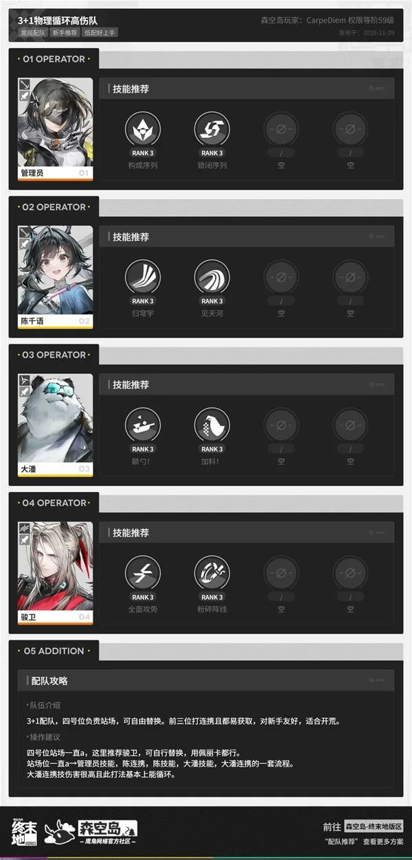 《明日方舟：终末地》3+1物理循环高伤队推荐-精英队伍搭配与输出优化