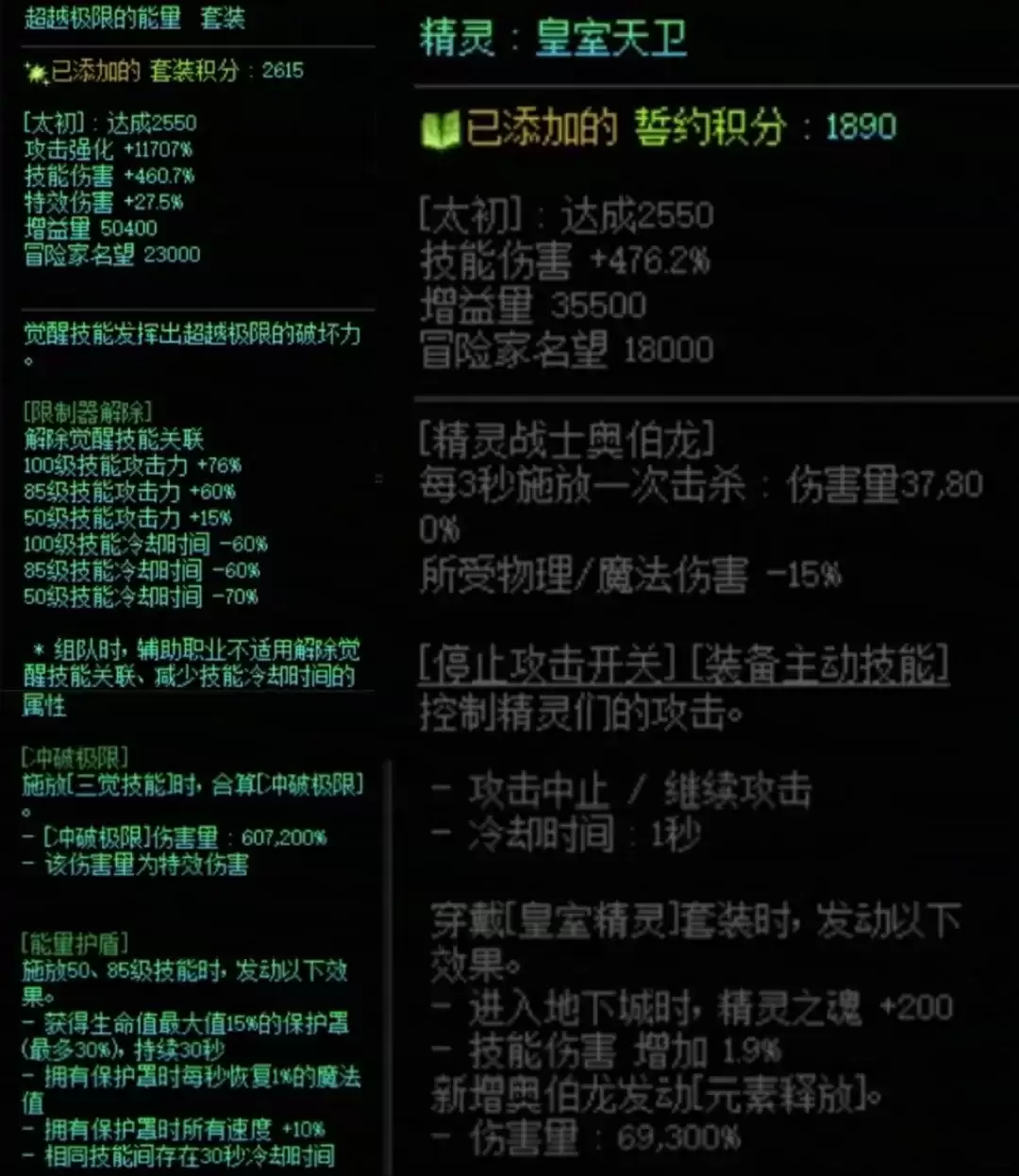 DNF究极能量和精灵国度搭配属性一览