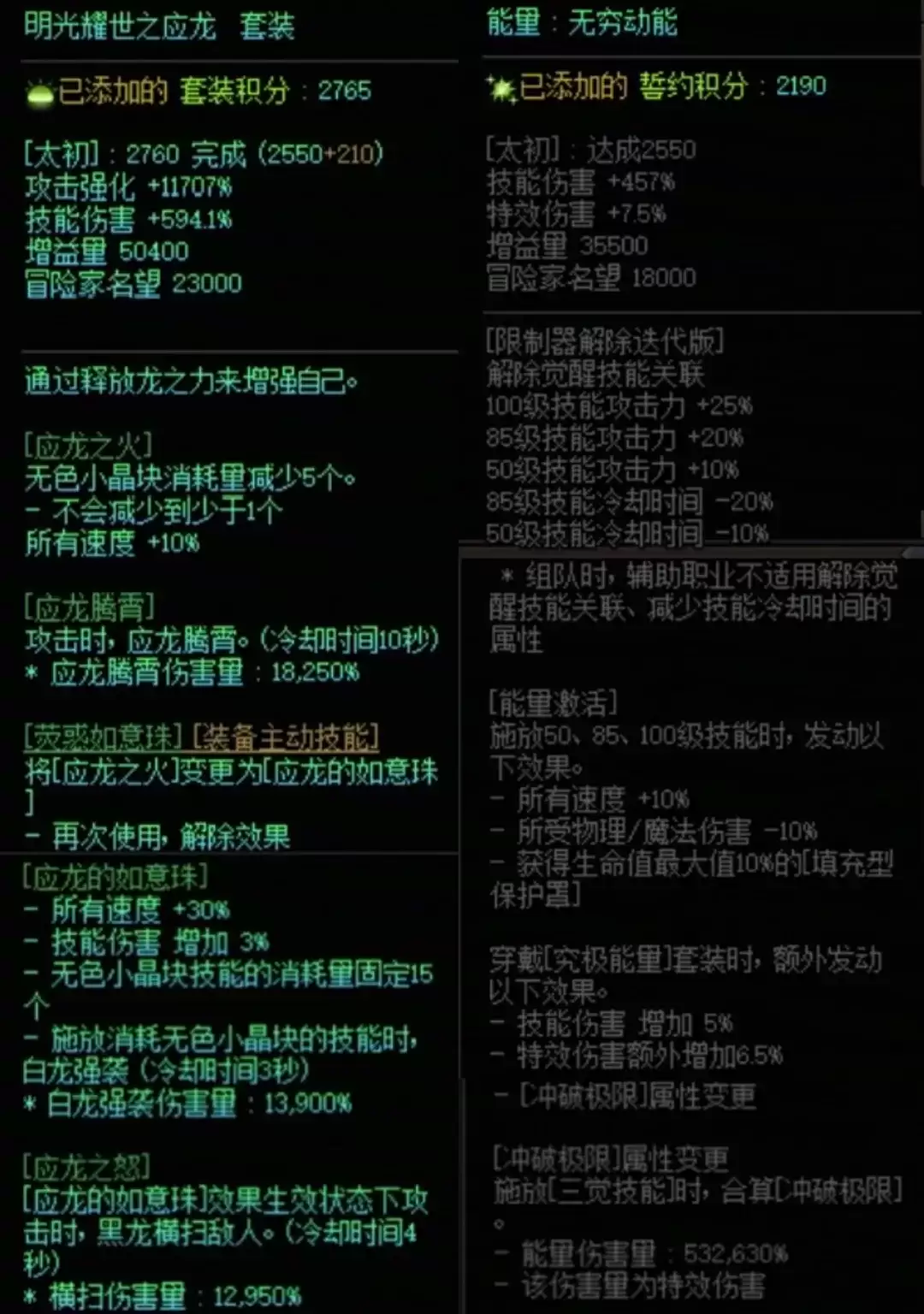 DNF龙战套加究极能量属性搭配一览