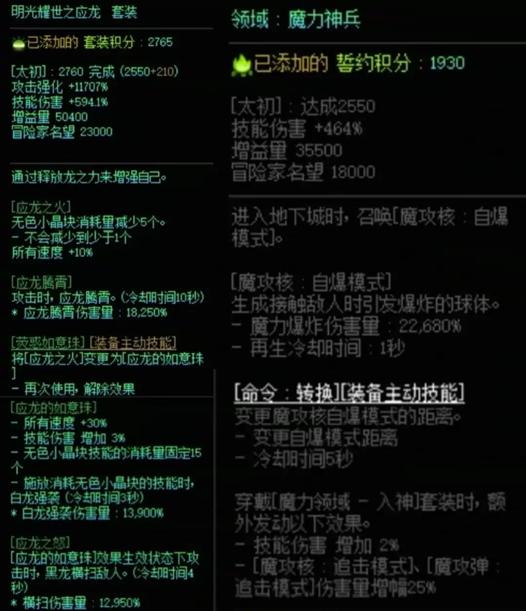 DNF龙战套与魔力搭配属性一览