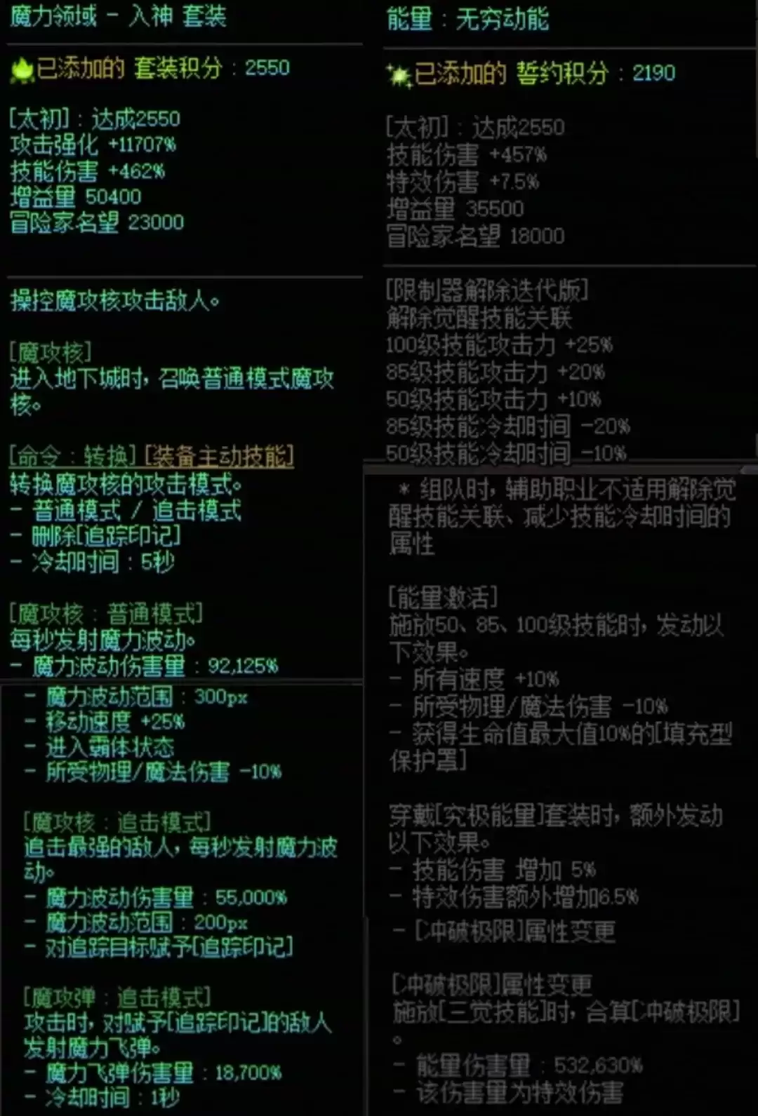 DNF魔力套与能量搭配属性一览
