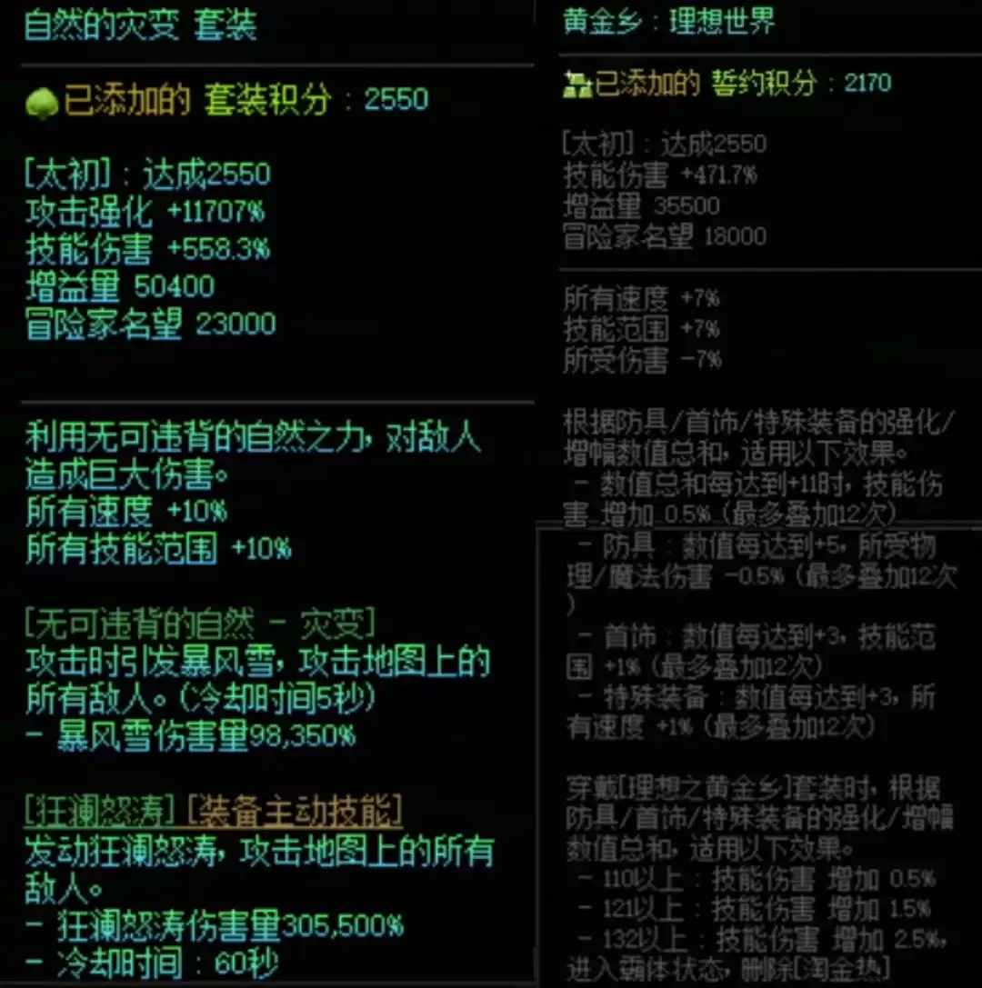 DNF自然套加黄金乡搭配属性一览
