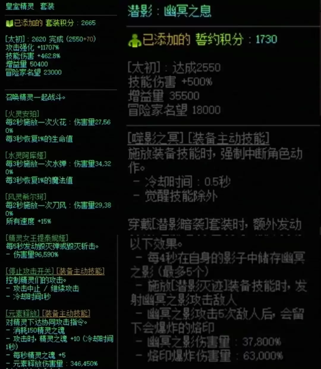 DNF精灵套搭配潜影属性一览