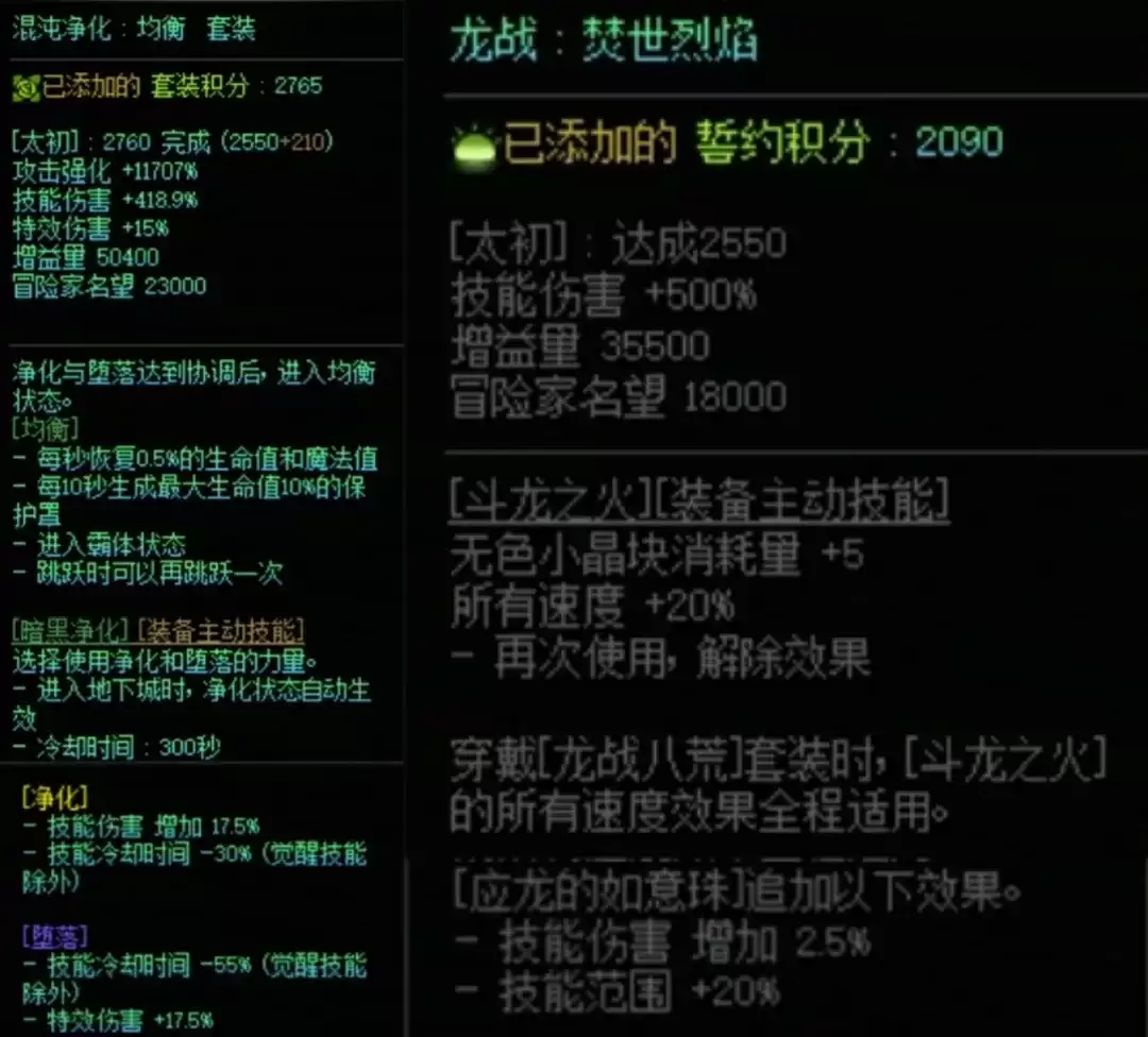 DNF混沌套与龙战搭配属性一览