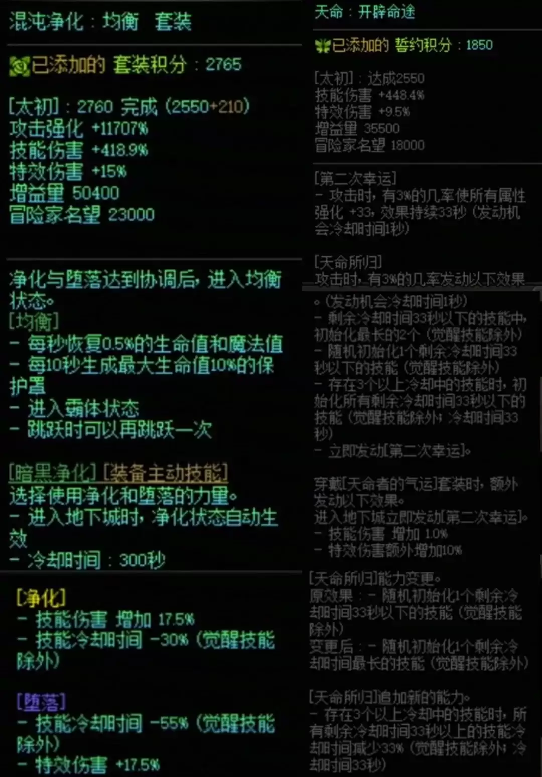 DNF混沌套加天命搭配属性一览