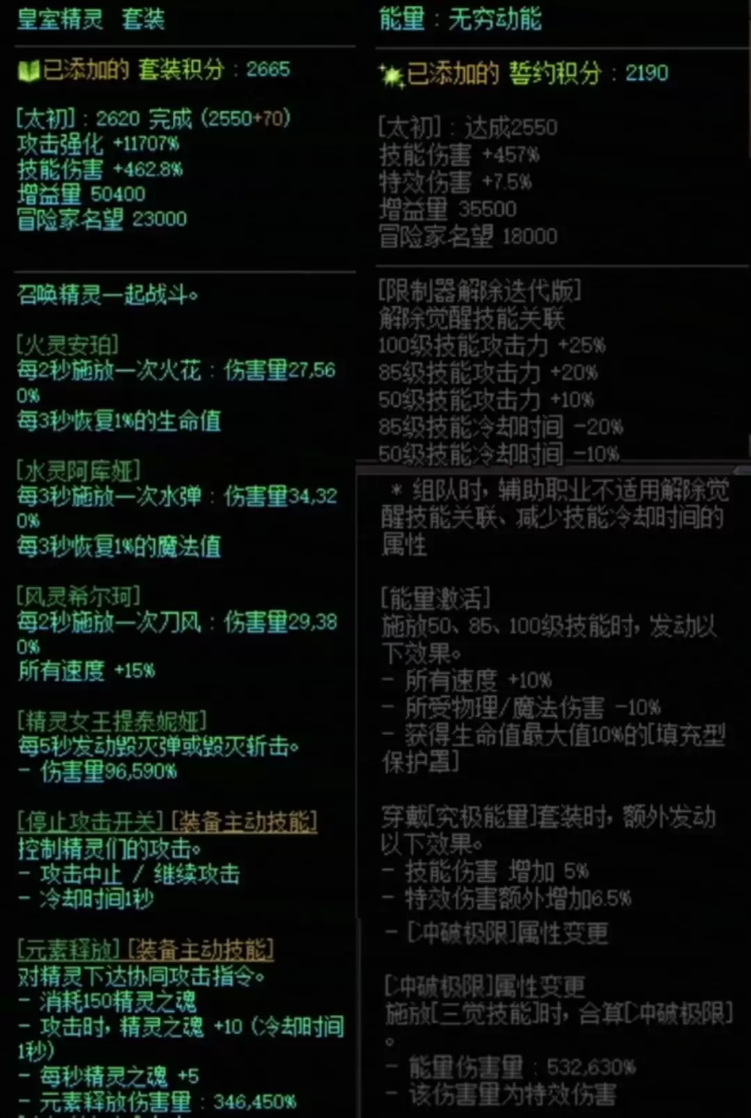 DNF精灵套和能量搭配属性一览