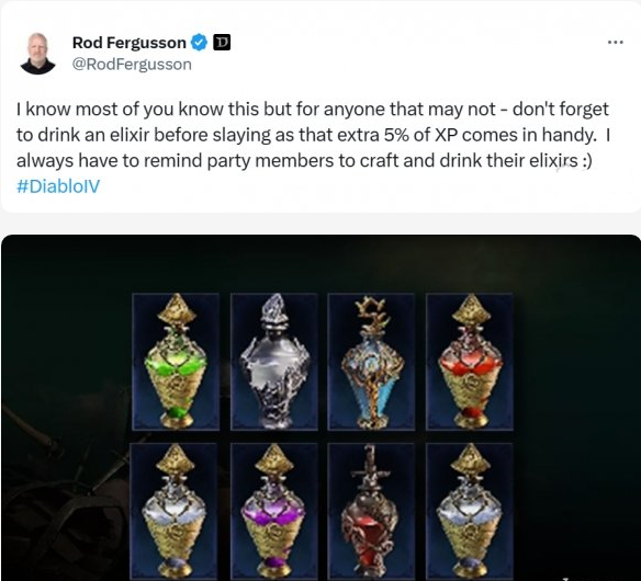 《暗黑4》的总经理Rod Fergusson发推提醒玩家，升级喝药能多给5%经验