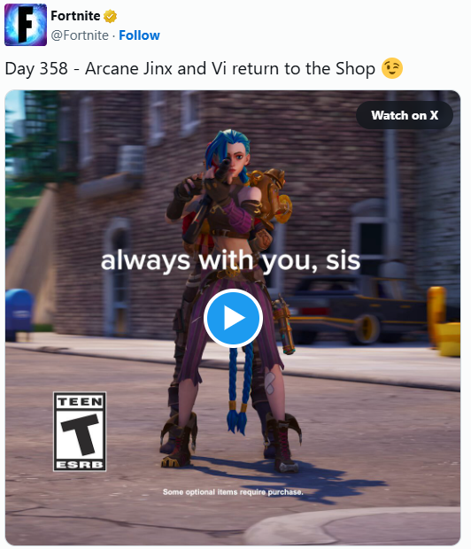 《堡垒之夜》x《双城之战》联动皮肤返场！时隔近四年