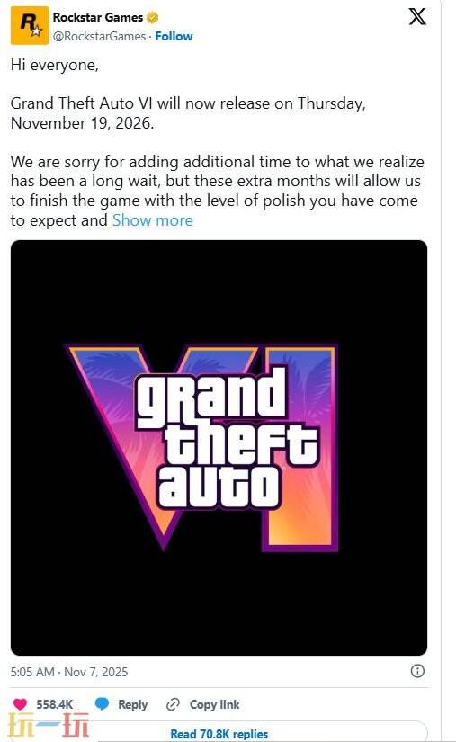 R星官宣《侠盗猎车手6》将于2026年11月19日发售！