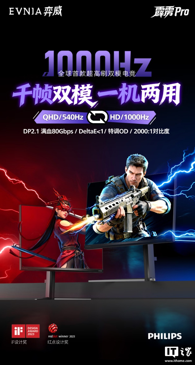 飞利浦 27 英寸显示器“27M2N5500XD”首销：720P 1000Hz/2K 540Hz 双模，4999 元