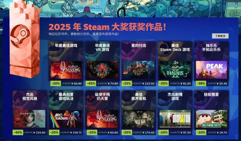 《空洞骑士：丝之歌》斩获Steam年度最佳-2025大奖结果公布