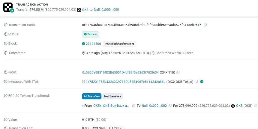 OKX销毁2.79亿OKB代币
