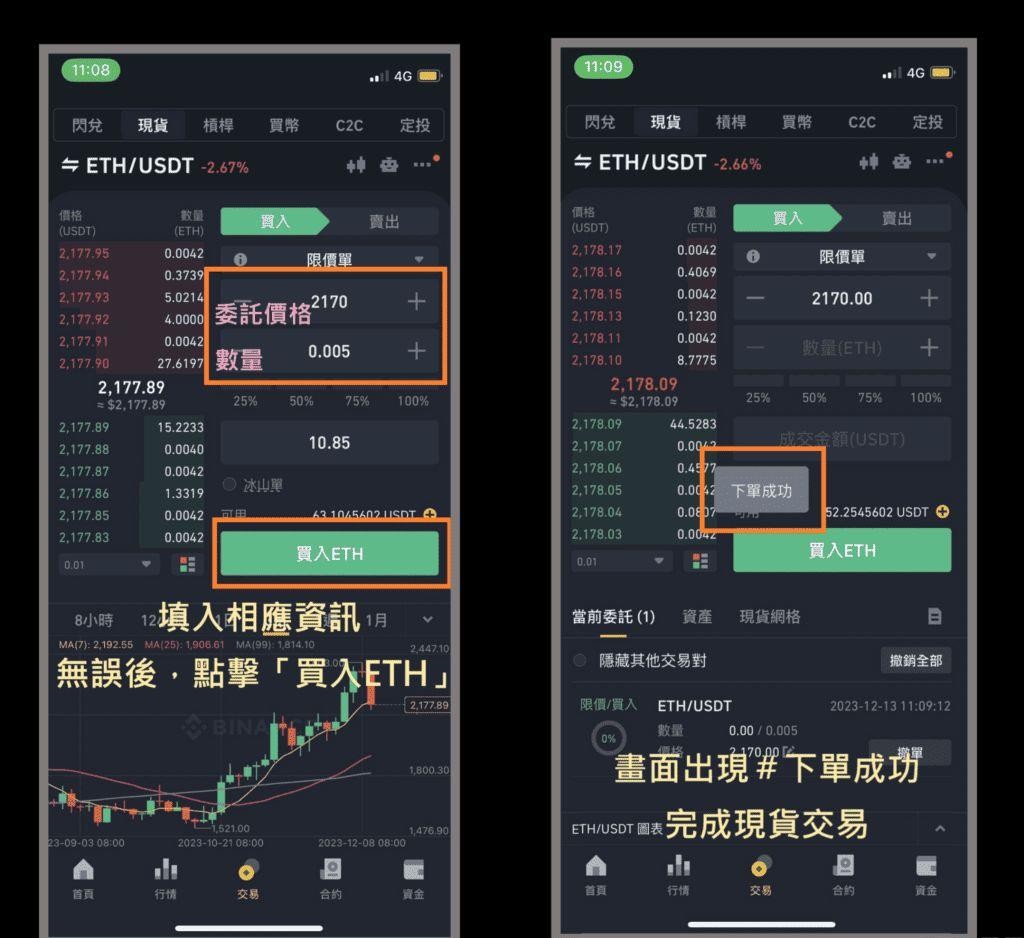 步骤④ 画面显示：下单成功